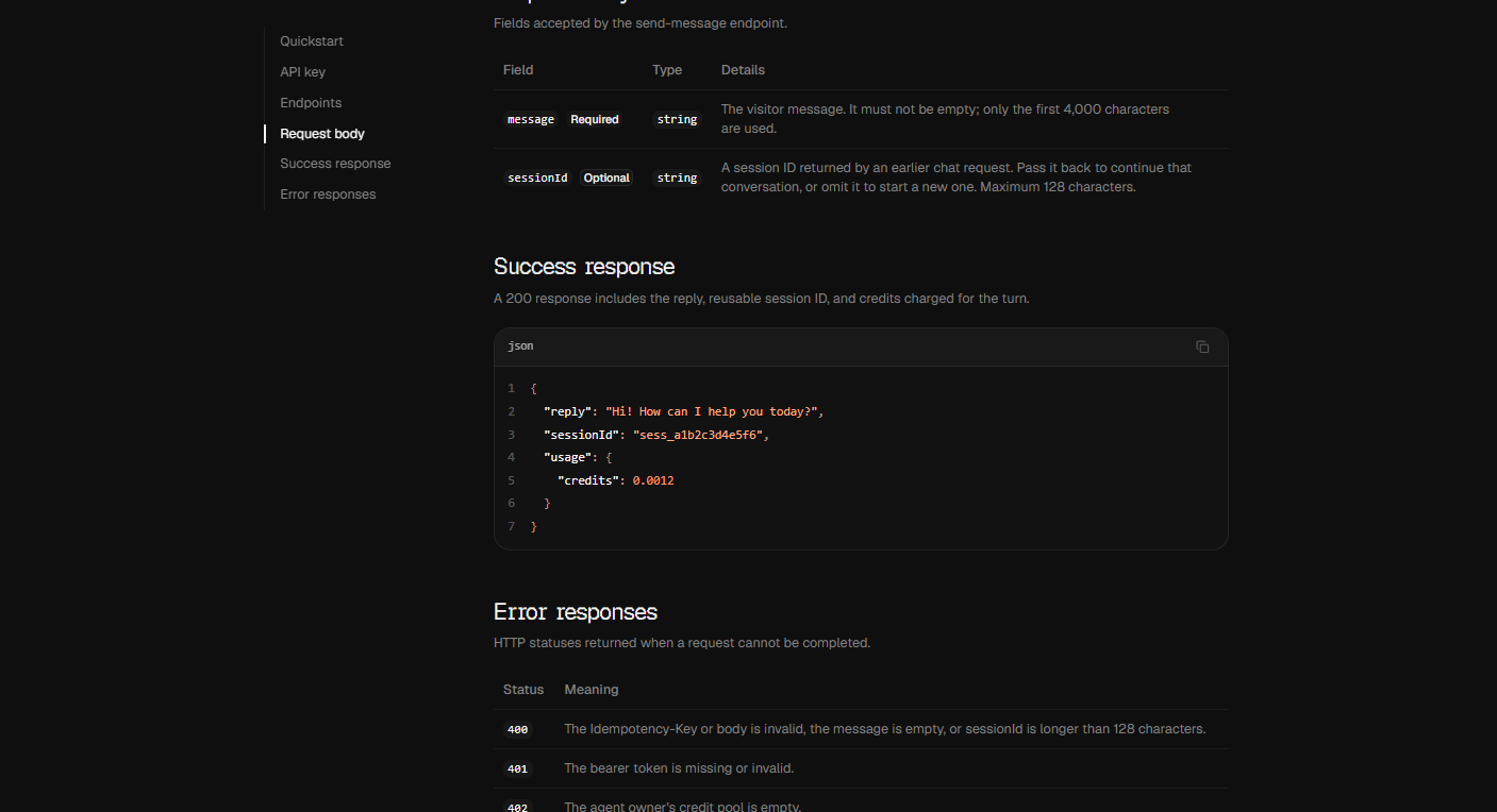 IMFA Agent API request and response documentation